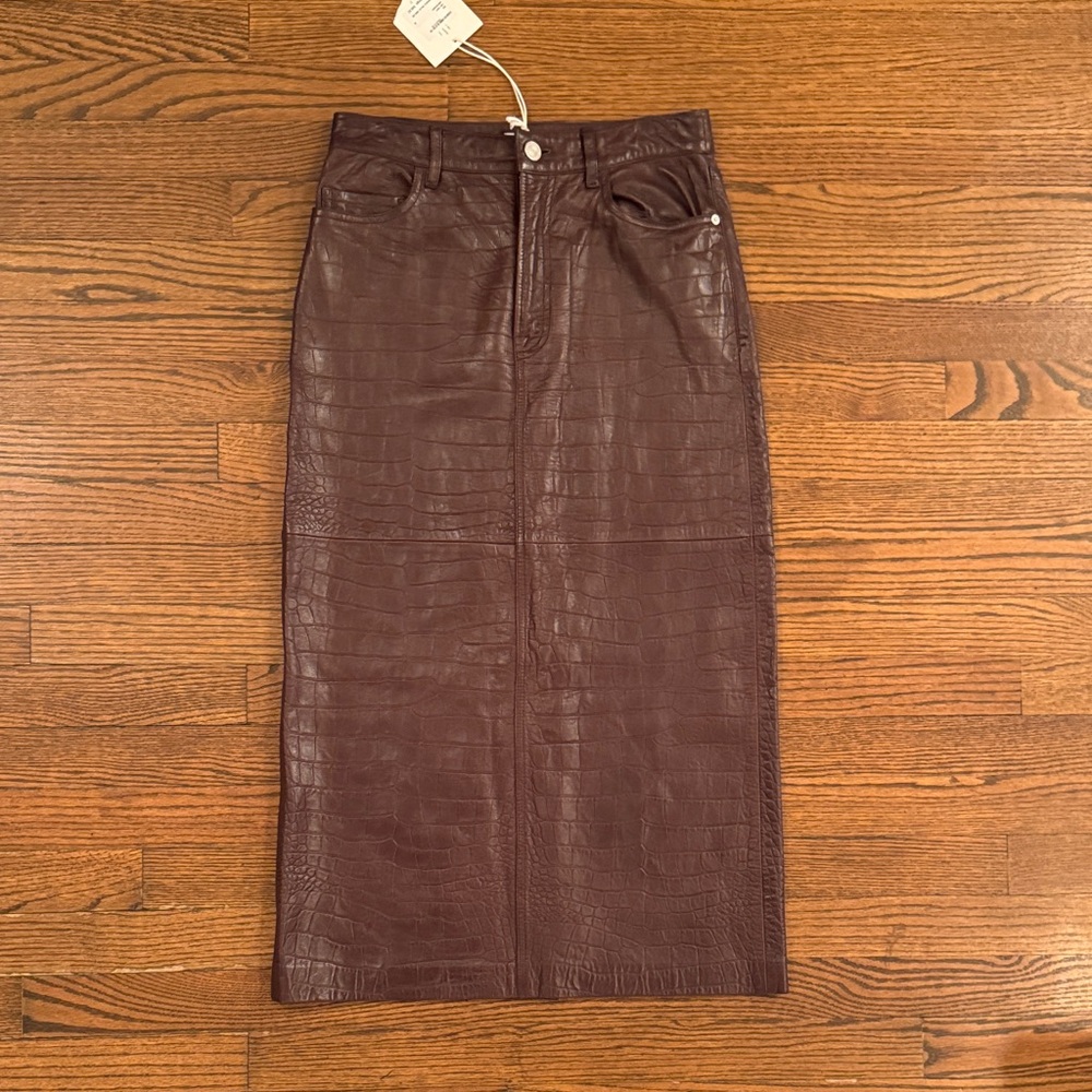Frame Denim Brown Croc-Embossed Leather Pencil Skirt